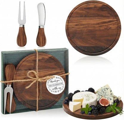 1 Set Baby Shower Bridal Game Prizes for Winners Round Cheese Board Set Wood Mini Charcuterie Board with Knives and Forks Thank You Card with Gift Box for Guests Wedding (Acacia)