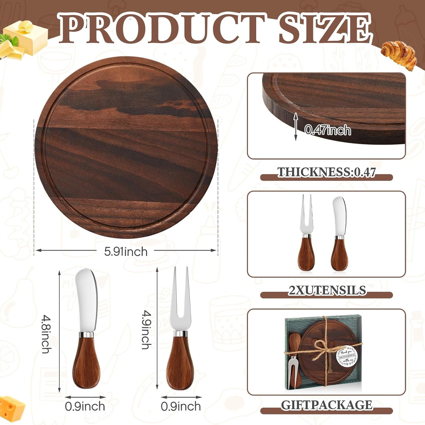 1 Set Baby Shower Bridal Game Prizes for Winners Round Cheese Board Set Wood Mini Charcuterie Board with Knives and Forks Thank You Card with Gift Box for Guests Wedding (Acacia)
