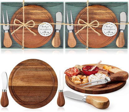 1 Set Baby Shower Bridal Game Prizes for Winners Round Cheese Board Set Wood Mini Charcuterie Board with Knives and Forks Thank You Card with Gift Box for Guests Wedding (Acacia)