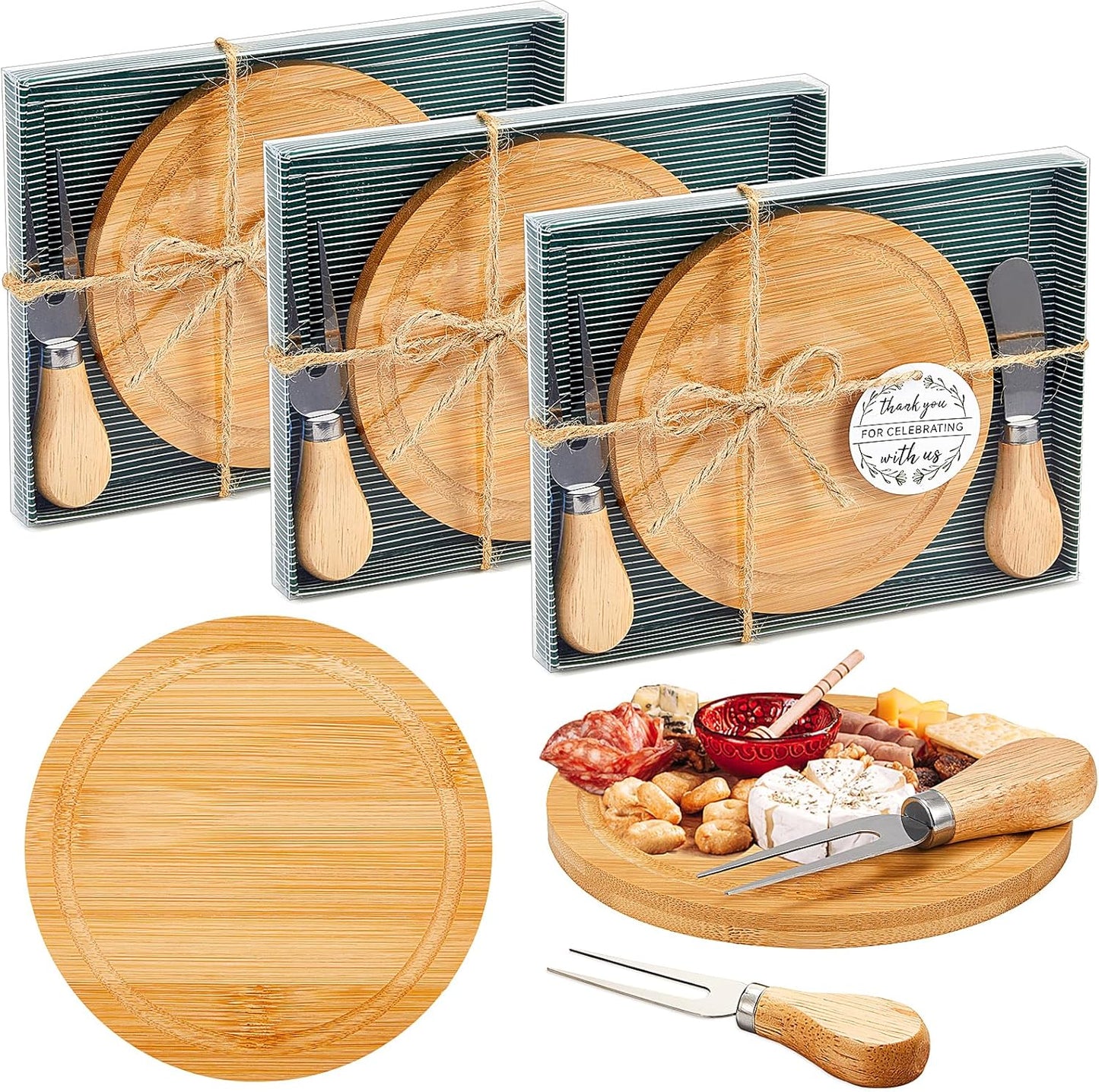 1 Set Baby Shower Bridal Game Prizes for Winners Round Cheese Board Set Wood Mini Charcuterie Board with Knives and Forks Thank You Card with Gift Box for Guests Wedding (Acacia)