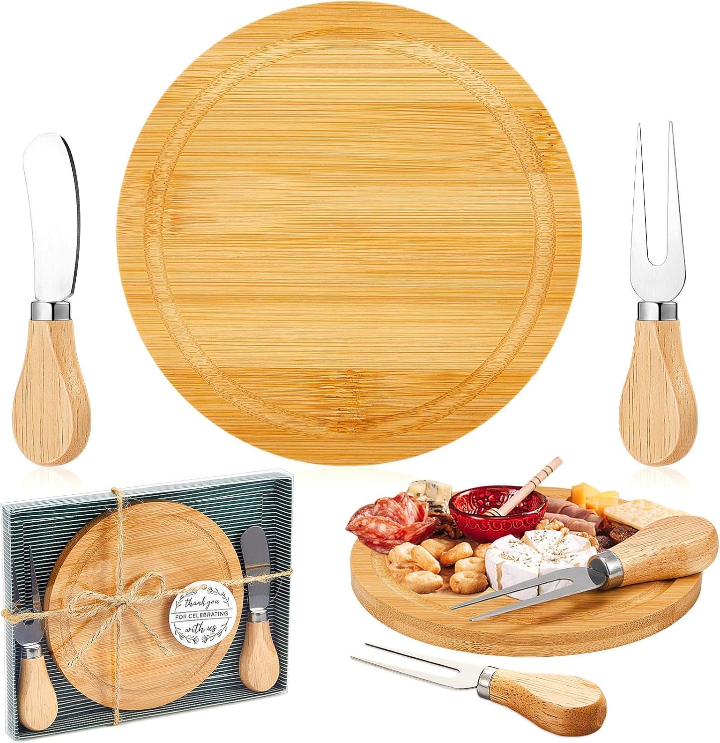 1 Set Baby Shower Bridal Game Prizes for Winners Round Cheese Board Set Wood Mini Charcuterie Board with Knives and Forks Thank You Card with Gift Box for Guests Wedding (Acacia)