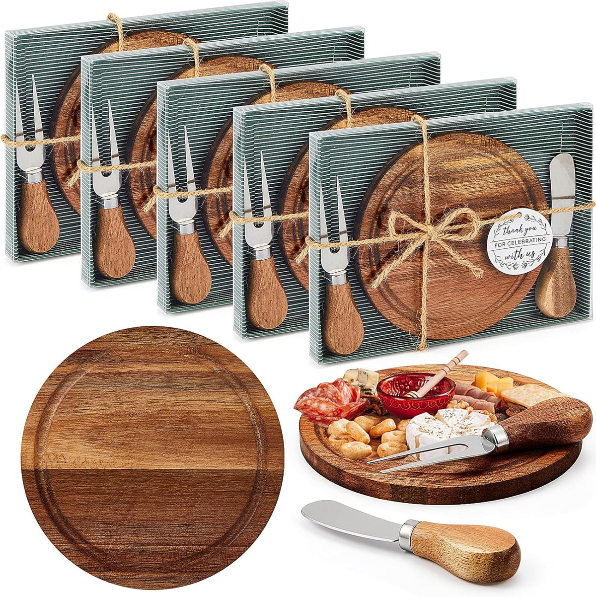 1 Set Baby Shower Bridal Game Prizes for Winners Round Cheese Board Set Wood Mini Charcuterie Board with Knives and Forks Thank You Card with Gift Box for Guests Wedding (Acacia)