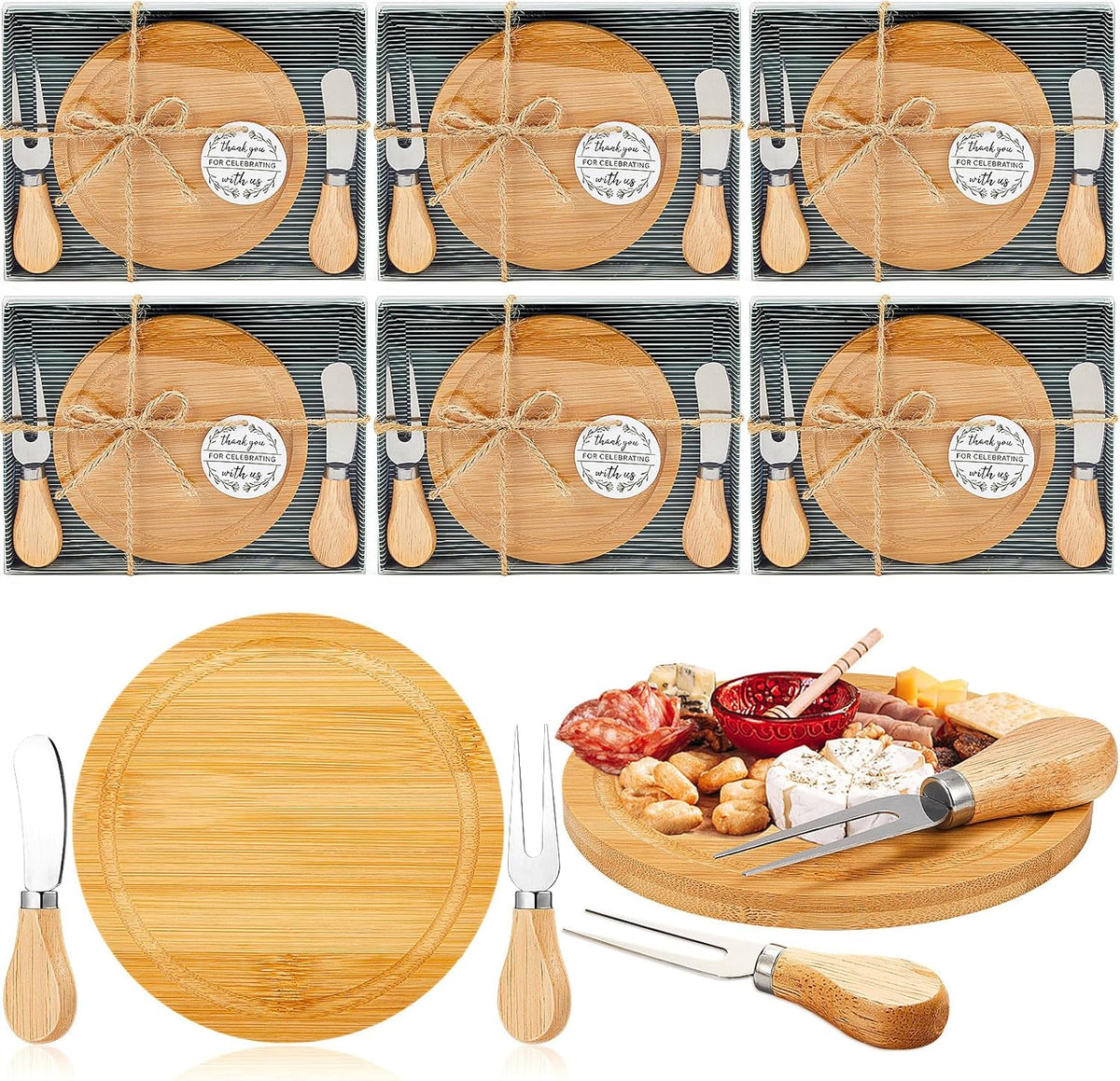 1 Set Baby Shower Bridal Game Prizes for Winners Round Cheese Board Set Wood Mini Charcuterie Board with Knives and Forks Thank You Card with Gift Box for Guests Wedding (Acacia)
