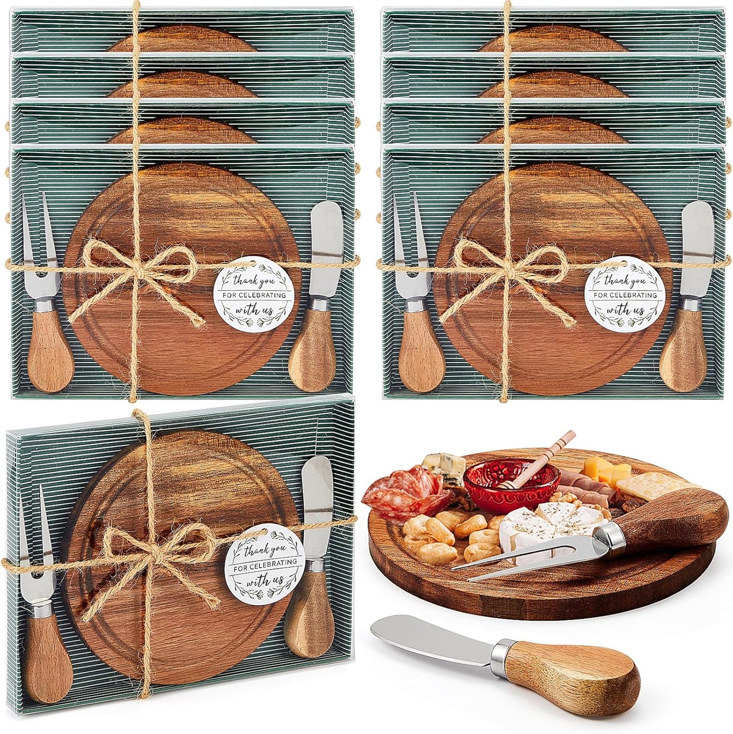 1 Set Baby Shower Bridal Game Prizes for Winners Round Cheese Board Set Wood Mini Charcuterie Board with Knives and Forks Thank You Card with Gift Box for Guests Wedding (Acacia)