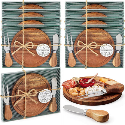 1 Set Baby Shower Bridal Game Prizes for Winners Round Cheese Board Set Wood Mini Charcuterie Board with Knives and Forks Thank You Card with Gift Box for Guests Wedding (Acacia)