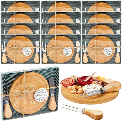 1 Set Baby Shower Bridal Game Prizes for Winners Round Cheese Board Set Wood Mini Charcuterie Board with Knives and Forks Thank You Card with Gift Box for Guests Wedding (Acacia)