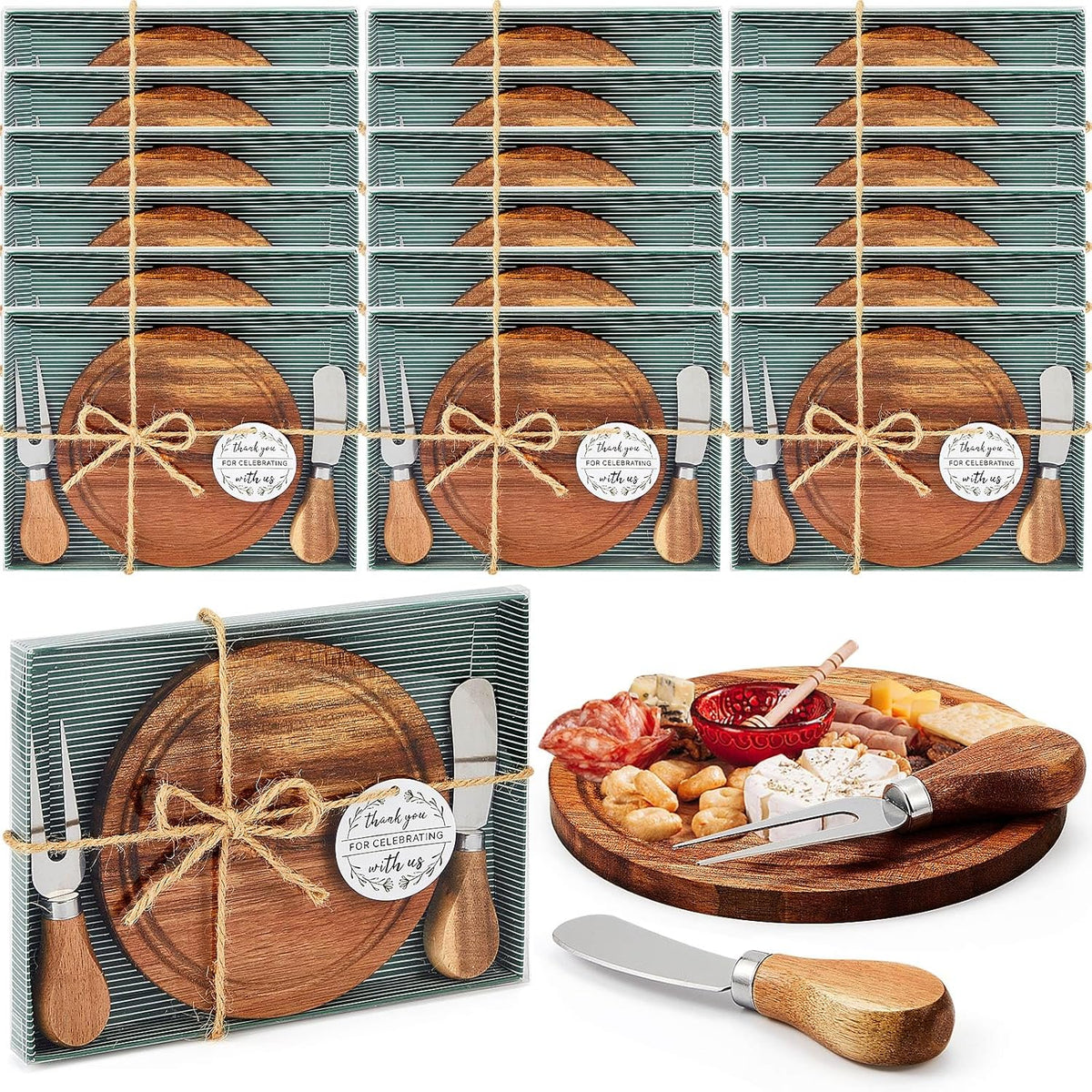 1 Set Baby Shower Bridal Game Prizes for Winners Round Cheese Board Set Wood Mini Charcuterie Board with Knives and Forks Thank You Card with Gift Box for Guests Wedding (Acacia)