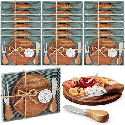 1 Set Baby Shower Bridal Game Prizes for Winners Round Cheese Board Set Wood Mini Charcuterie Board with Knives and Forks Thank You Card with Gift Box for Guests Wedding (Acacia)