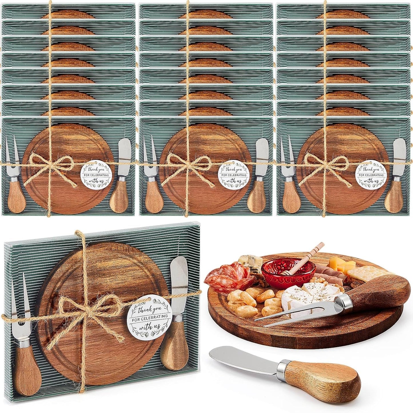 1 Set Baby Shower Bridal Game Prizes for Winners Round Cheese Board Set Wood Mini Charcuterie Board with Knives and Forks Thank You Card with Gift Box for Guests Wedding (Acacia)