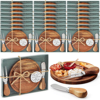 1 Set Baby Shower Bridal Game Prizes for Winners Round Cheese Board Set Wood Mini Charcuterie Board with Knives and Forks Thank You Card with Gift Box for Guests Wedding (Acacia)