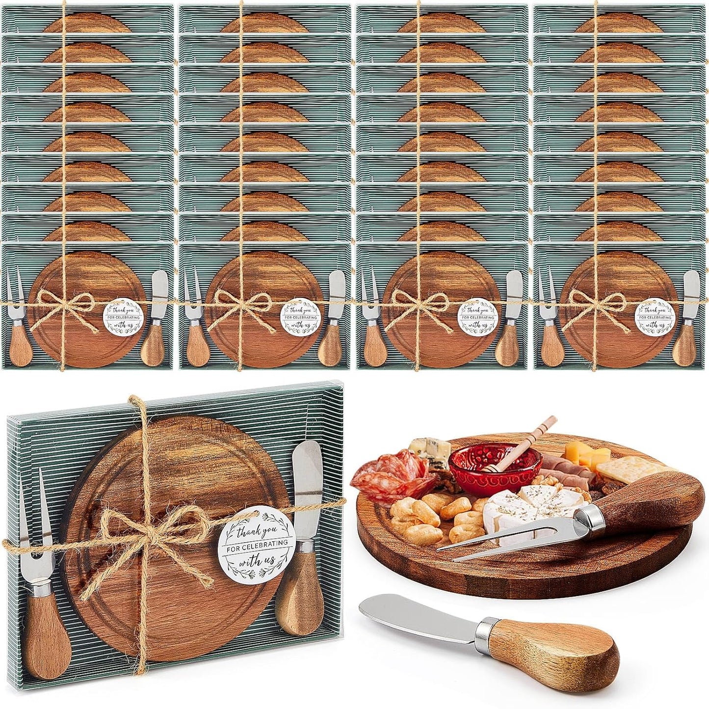 1 Set Baby Shower Bridal Game Prizes for Winners Round Cheese Board Set Wood Mini Charcuterie Board with Knives and Forks Thank You Card with Gift Box for Guests Wedding (Acacia)