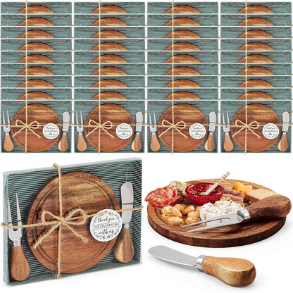 1 Set Baby Shower Bridal Game Prizes for Winners Round Cheese Board Set Wood Mini Charcuterie Board with Knives and Forks Thank You Card with Gift Box for Guests Wedding (Acacia)