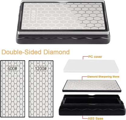 Double-sided Diamond Sharpening Stone, Knife Sharpener Stone diamond sharpener Honeycomb Surface Plate with Non-slip Base for Scissors Knives Outdoor Kitchen Sharpen Tools (600/1200 Grit)