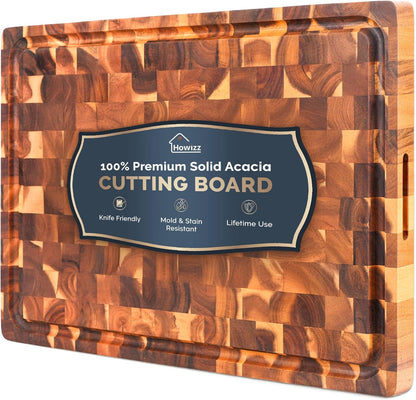 Solid Acacia Wood 20"x15" Large Cutting Board, Extra Thick 1.5" End Grain Butcher Block For Kitchen, Non Toxic Pre-Oiled Carving Tray, Juice Grooves and Easy Grip Handle Chopping Board