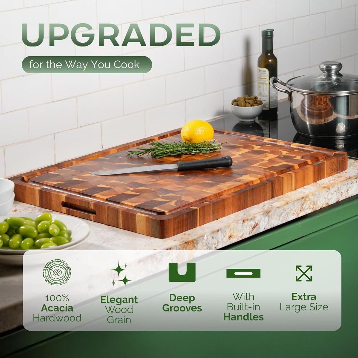 Solid Acacia Wood 20"x15" Large Cutting Board, Extra Thick 1.5" End Grain Butcher Block For Kitchen, Non Toxic Pre-Oiled Carving Tray, Juice Grooves and Easy Grip Handle Chopping Board