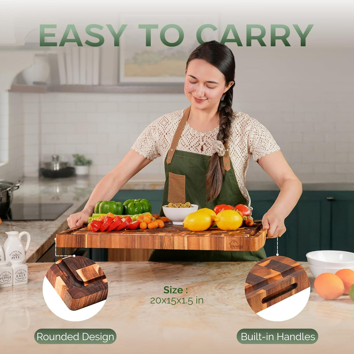 Solid Acacia Wood 20"x15" Large Cutting Board, Extra Thick 1.5" End Grain Butcher Block For Kitchen, Non Toxic Pre-Oiled Carving Tray, Juice Grooves and Easy Grip Handle Chopping Board