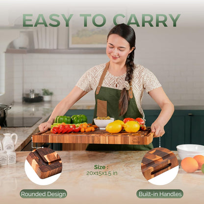 Solid Acacia Wood 20"x15" Large Cutting Board, Extra Thick 1.5" End Grain Butcher Block For Kitchen, Non Toxic Pre-Oiled Carving Tray, Juice Grooves and Easy Grip Handle Chopping Board