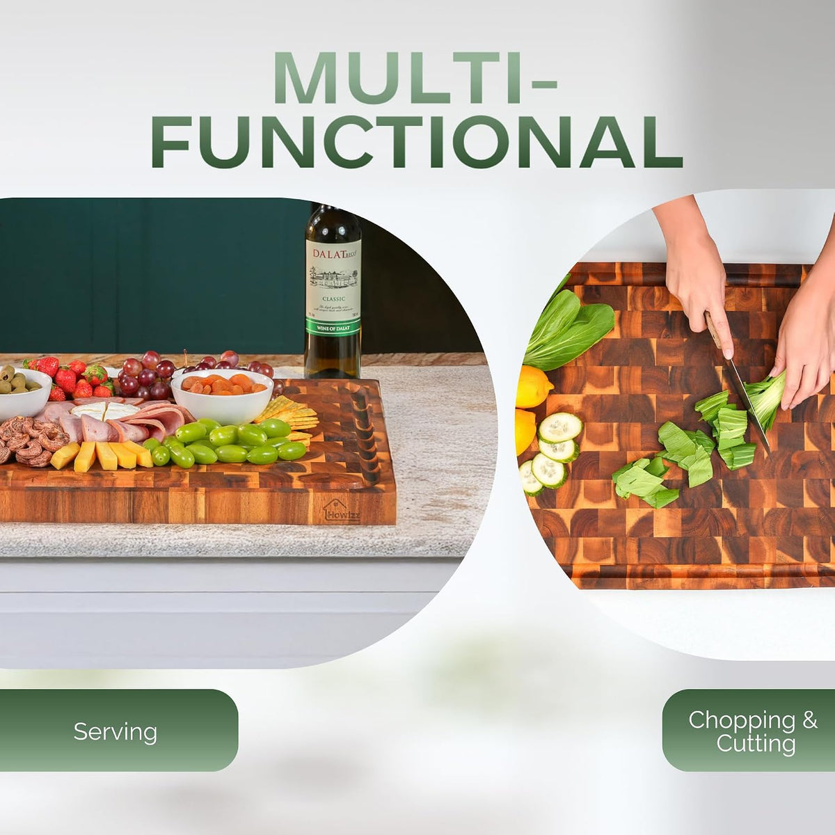 Solid Acacia Wood 20"x15" Large Cutting Board, Extra Thick 1.5" End Grain Butcher Block For Kitchen, Non Toxic Pre-Oiled Carving Tray, Juice Grooves and Easy Grip Handle Chopping Board