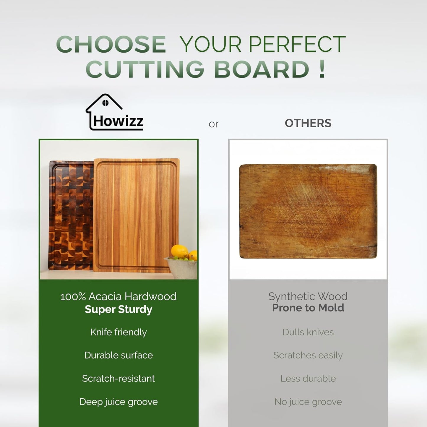 Solid Acacia Wood 20"x15" Large Cutting Board, Extra Thick 1.5" End Grain Butcher Block For Kitchen, Non Toxic Pre-Oiled Carving Tray, Juice Grooves and Easy Grip Handle Chopping Board