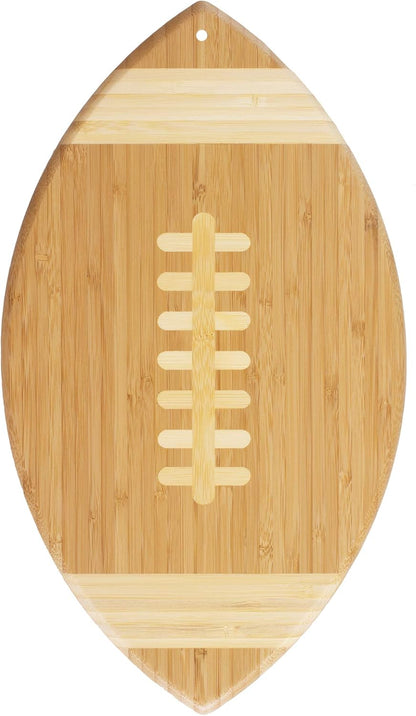 Football Shaped Bamboo Wood Cutting Board and Charcuterie Board, Great Gift for Football Fans | Football serving board for game day watch parties and tailgating. Smooth reverse side for prep. Hangs as decor between uses.