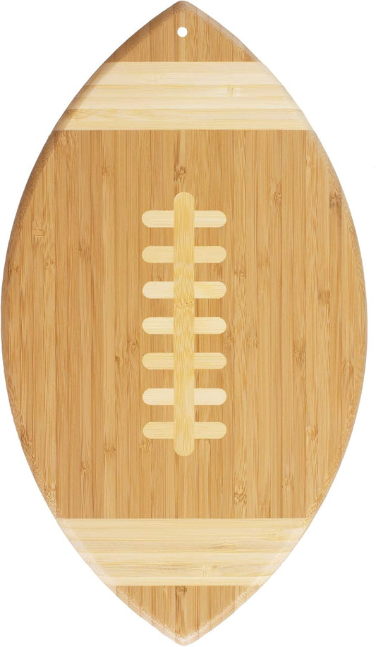 Football Shaped Bamboo Wood Cutting Board and Charcuterie Board, Great Gift for Football Fans | Football serving board for game day watch parties and tailgating. Smooth reverse side for prep. Hangs as decor between uses.