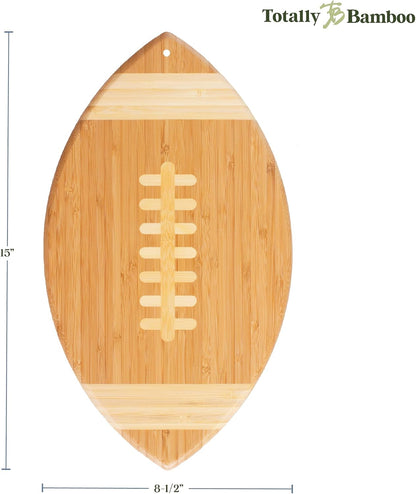 Football Shaped Bamboo Wood Cutting Board and Charcuterie Board, Great Gift for Football Fans | Football serving board for game day watch parties and tailgating. Smooth reverse side for prep. Hangs as decor between uses.