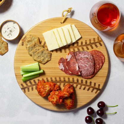 Football Shaped Bamboo Wood Cutting Board and Charcuterie Board, Great Gift for Football Fans | Football serving board for game day watch parties and tailgating. Smooth reverse side for prep. Hangs as decor between uses.