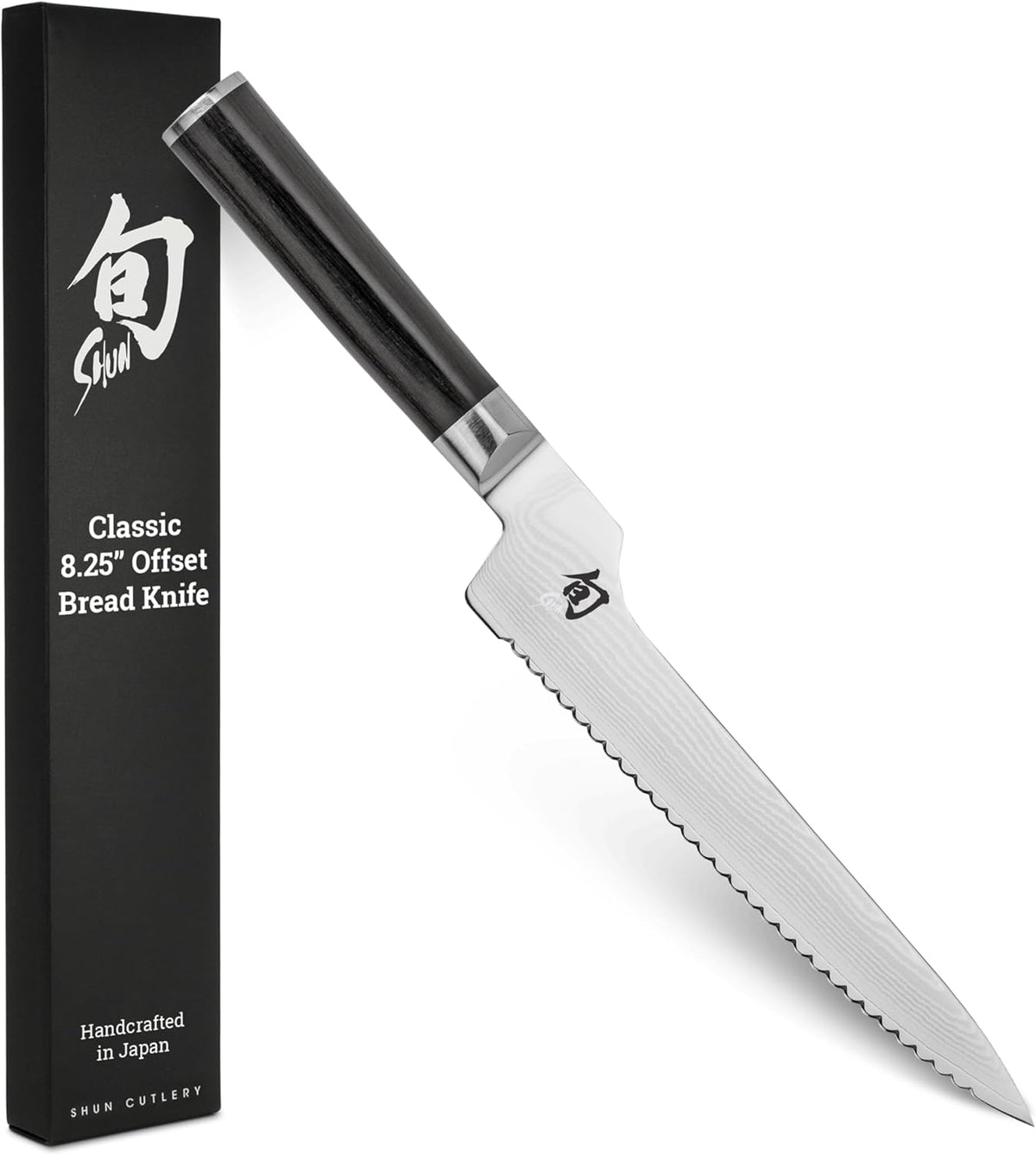 Classic 8.25" Offset Bread Knife, Handcrafted Japanese Serrated Knife for Professional and Home Chefs, VG-MAX Core with Damascus Stainless Steel Cladding, Pakkawood Handle