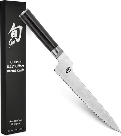 Classic 8.25" Offset Bread Knife, Handcrafted Japanese Serrated Knife for Professional and Home Chefs, VG-MAX Core with Damascus Stainless Steel Cladding, Pakkawood Handle