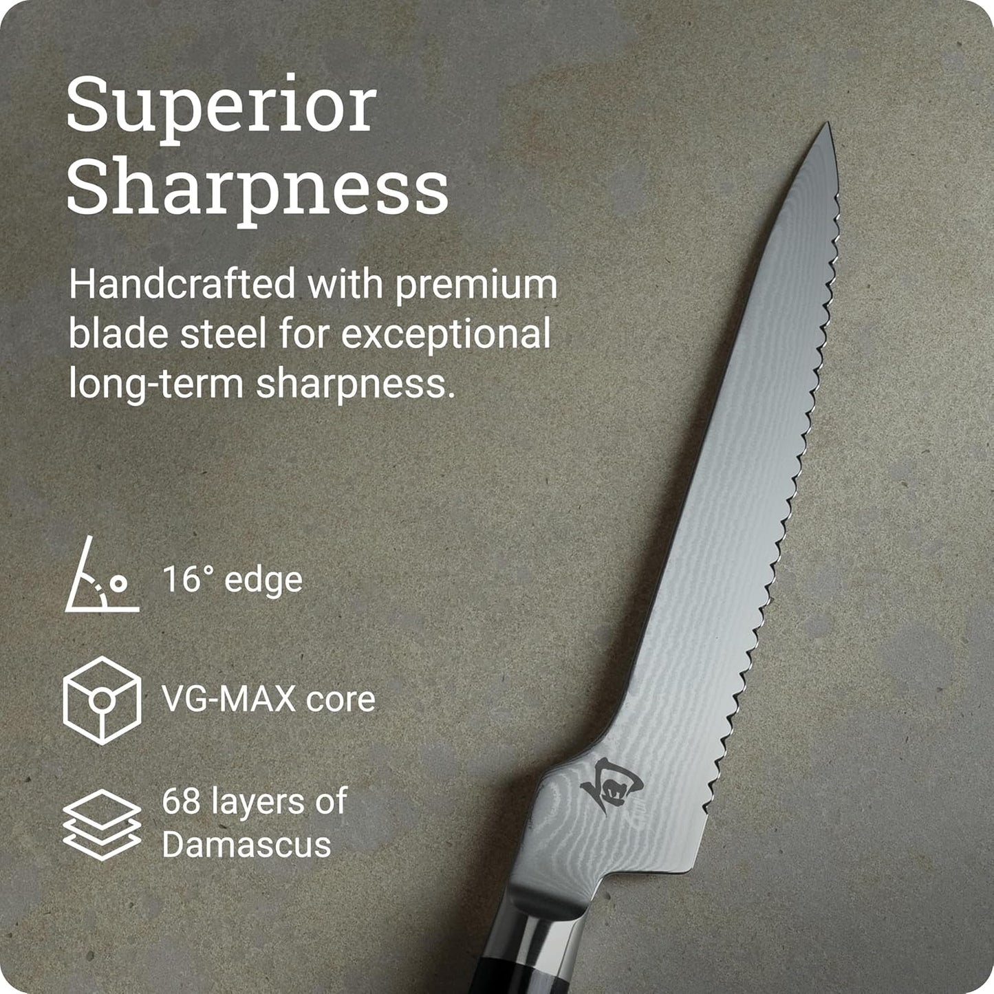 Classic 8.25" Offset Bread Knife, Handcrafted Japanese Serrated Knife for Professional and Home Chefs, VG-MAX Core with Damascus Stainless Steel Cladding, Pakkawood Handle