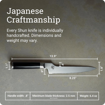 Classic 8.25" Offset Bread Knife, Handcrafted Japanese Serrated Knife for Professional and Home Chefs, VG-MAX Core with Damascus Stainless Steel Cladding, Pakkawood Handle