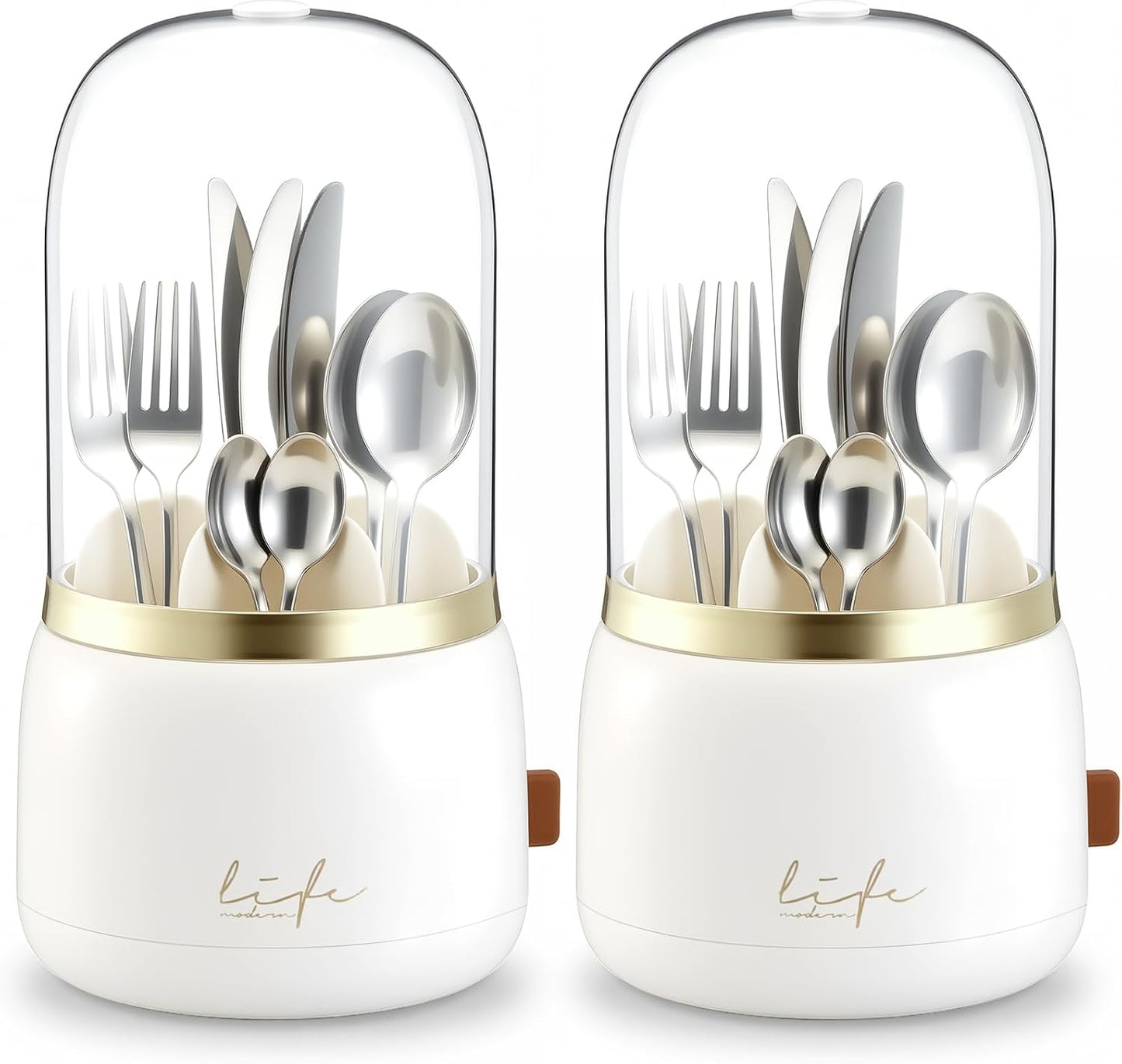 2 Pack 360° Rotating Silverware Organizer, Utensil Holder with Lid for Kitchen Counter Silverware Caddy with Drainage Dustproof Flatware Holder for Cutlery Spoon Fork(Diamond White,3 Slot)