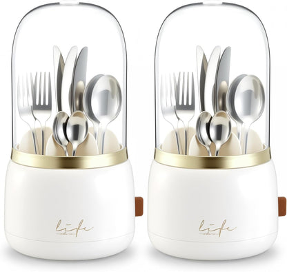 2 Pack 360° Rotating Silverware Organizer, Utensil Holder with Lid for Kitchen Counter Silverware Caddy with Drainage Dustproof Flatware Holder for Cutlery Spoon Fork(Diamond White,3 Slot)