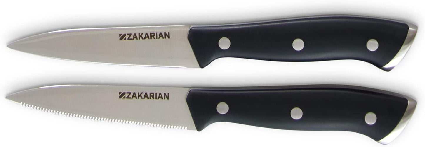 Zakarian 2 Piece Chef Grade German Steel Paring Knife Set with Smooth and Serrated Blades for Chopping, Dicing, Mincing, Slicing and More – Blue