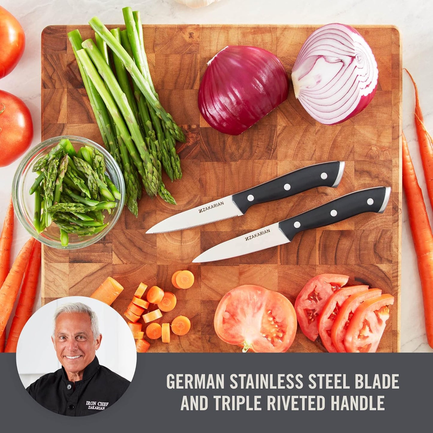 Zakarian 2 Piece Chef Grade German Steel Paring Knife Set with Smooth and Serrated Blades for Chopping, Dicing, Mincing, Slicing and More – Blue