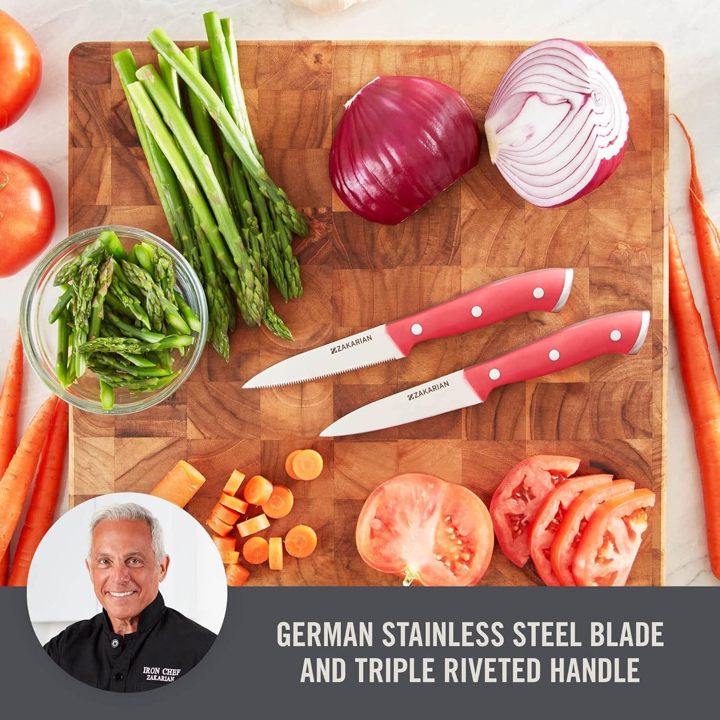 Zakarian 2 Piece Chef Grade German Steel Paring Knife Set with Smooth and Serrated Blades for Chopping, Dicing, Mincing, Slicing and More – Blue