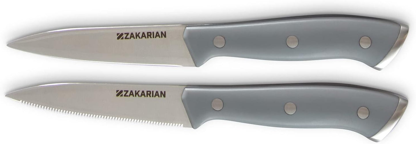Zakarian 2 Piece Chef Grade German Steel Paring Knife Set with Smooth and Serrated Blades for Chopping, Dicing, Mincing, Slicing and More – Blue