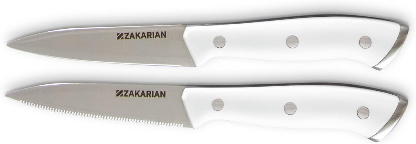 Zakarian 2 Piece Chef Grade German Steel Paring Knife Set with Smooth and Serrated Blades for Chopping, Dicing, Mincing, Slicing and More – Blue