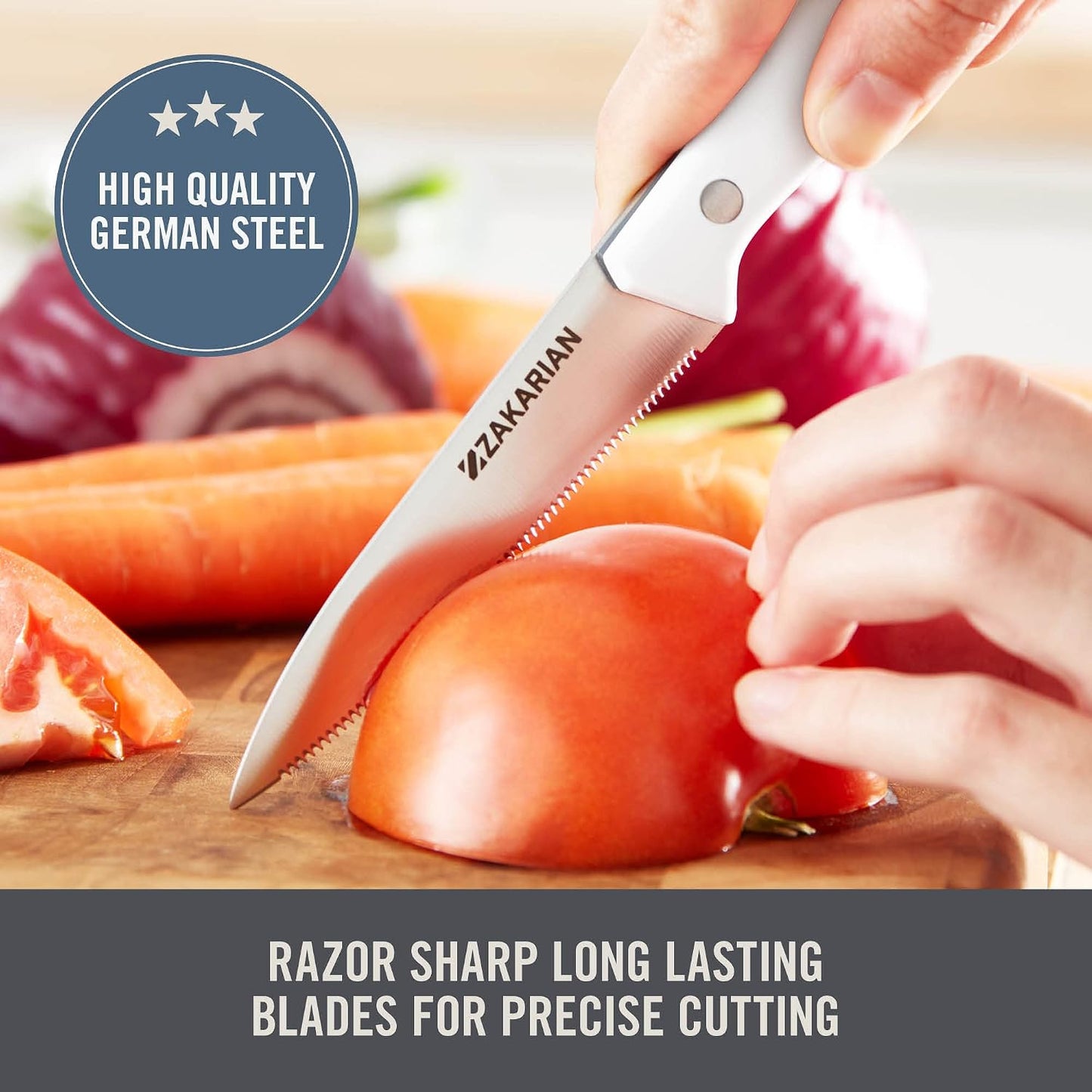 Zakarian 2 Piece Chef Grade German Steel Paring Knife Set with Smooth and Serrated Blades for Chopping, Dicing, Mincing, Slicing and More – Blue