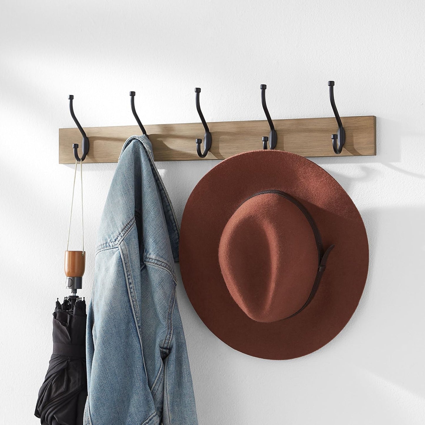 Rectangular Farmhouse Wall-Mounted Coat Rack for Entryway and Bedroom, Storage Organizer, 5 Hooks, Barnwood | Farmhouse