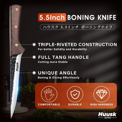 Huusk Boning Knife for Meat Cutting, 5.5" Fish Fillet Knives with Sheath | Sharp Filleting Knife for Meat Poultry Cutting, Outdoor Hunting, Gift for Men and Women