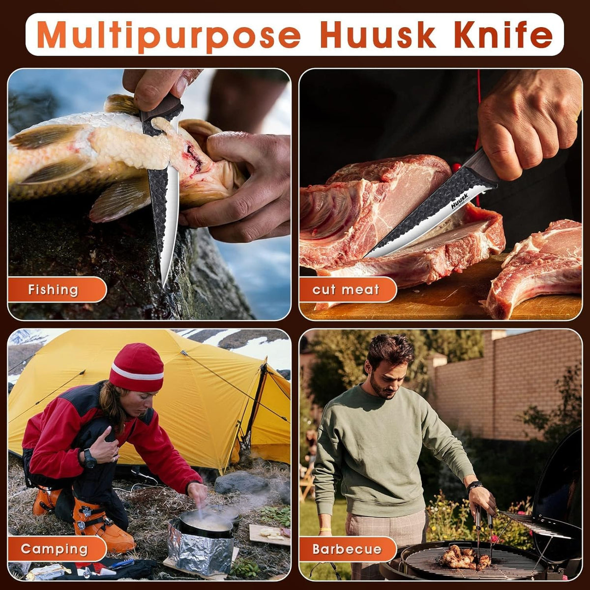 Huusk Boning Knife for Meat Cutting, 5.5" Fish Fillet Knives with Sheath | Sharp Filleting Knife for Meat Poultry Cutting, Outdoor Hunting, Gift for Men and Women