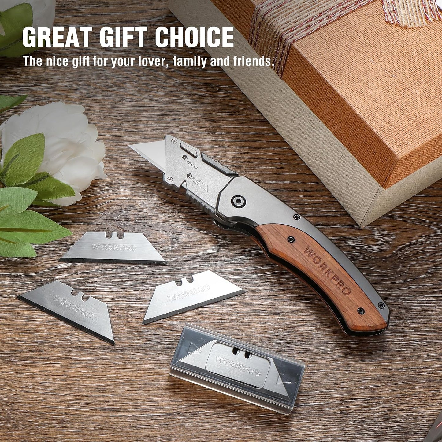 Folding Utility Knife, Wood Handle | Razor Blade Knife with Axis Lock, Quick Change Box Cutter, EDC Foldable Pocket Cutter, Extra 10PC SK5 Blades Included