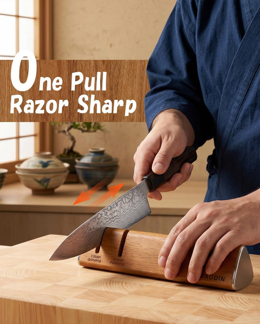 Kitchen Knife Sharpener, Walnut Kitchen Sharpener for Knives | Premium Walnut Wood, 2-Stage Sharpening for Dull Knives, Safe for High-Carbon Steel Blades, Easy to Use – No Water, No Mess