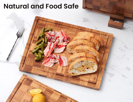 Bamboo Cutting Boards for Kitchen(Set of 3),Chopping Boards with Juice Groove,End Grain Serving Board with Holder,Bamboo Butcher Block for Meat,Vegetables,Fruit
