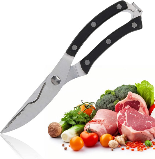 Gelindo Kitchen Scissors - Heavy Duty Stainless Steel- Spring Loaded Shears - Sharp Blade- Safety Clip- Rust Free- Comfortable Handle- Great for Poultry, Fish, Chicken, Beef, BBQ, Herbs & Plastic