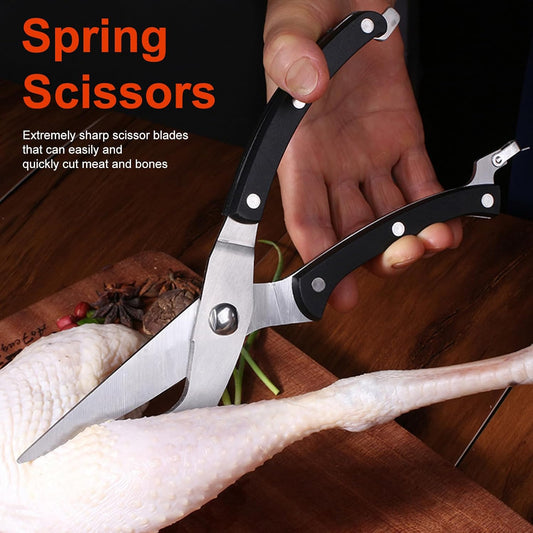 Gelindo Kitchen Scissors - Heavy Duty Stainless Steel- Spring Loaded Shears - Sharp Blade- Safety Clip- Rust Free- Comfortable Handle- Great for Poultry, Fish, Chicken, Beef, BBQ, Herbs & Plastic
