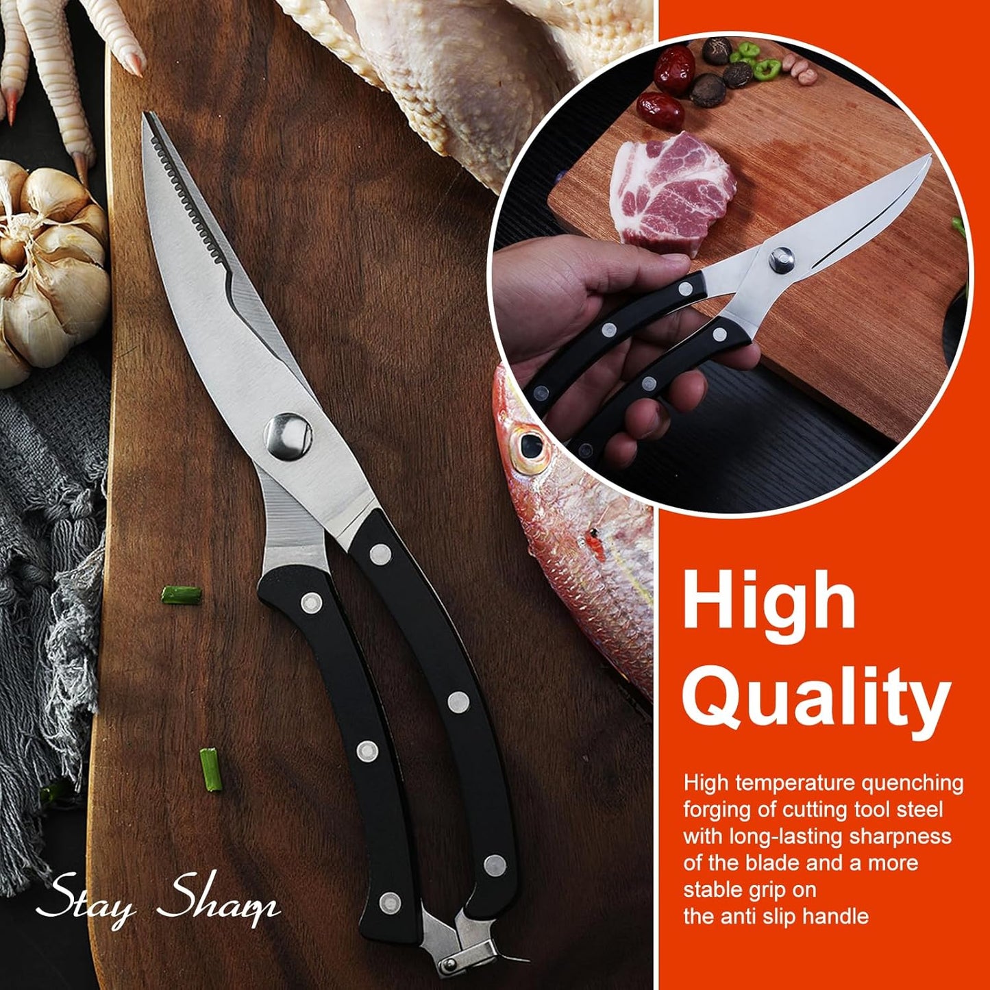 Gelindo Kitchen Scissors - Heavy Duty Stainless Steel- Spring Loaded Shears - Sharp Blade- Safety Clip- Rust Free- Comfortable Handle- Great for Poultry, Fish, Chicken, Beef, BBQ, Herbs & Plastic