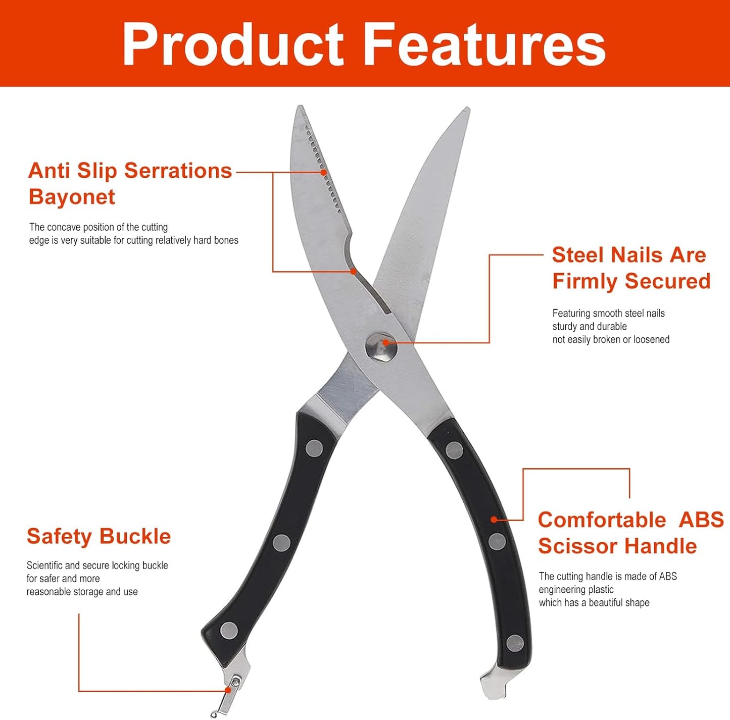 Gelindo Kitchen Scissors - Heavy Duty Stainless Steel- Spring Loaded Shears - Sharp Blade- Safety Clip- Rust Free- Comfortable Handle- Great for Poultry, Fish, Chicken, Beef, BBQ, Herbs & Plastic