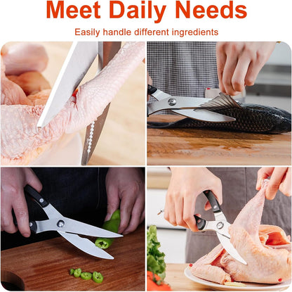 Gelindo Kitchen Scissors - Heavy Duty Stainless Steel- Spring Loaded Shears - Sharp Blade- Safety Clip- Rust Free- Comfortable Handle- Great for Poultry, Fish, Chicken, Beef, BBQ, Herbs & Plastic